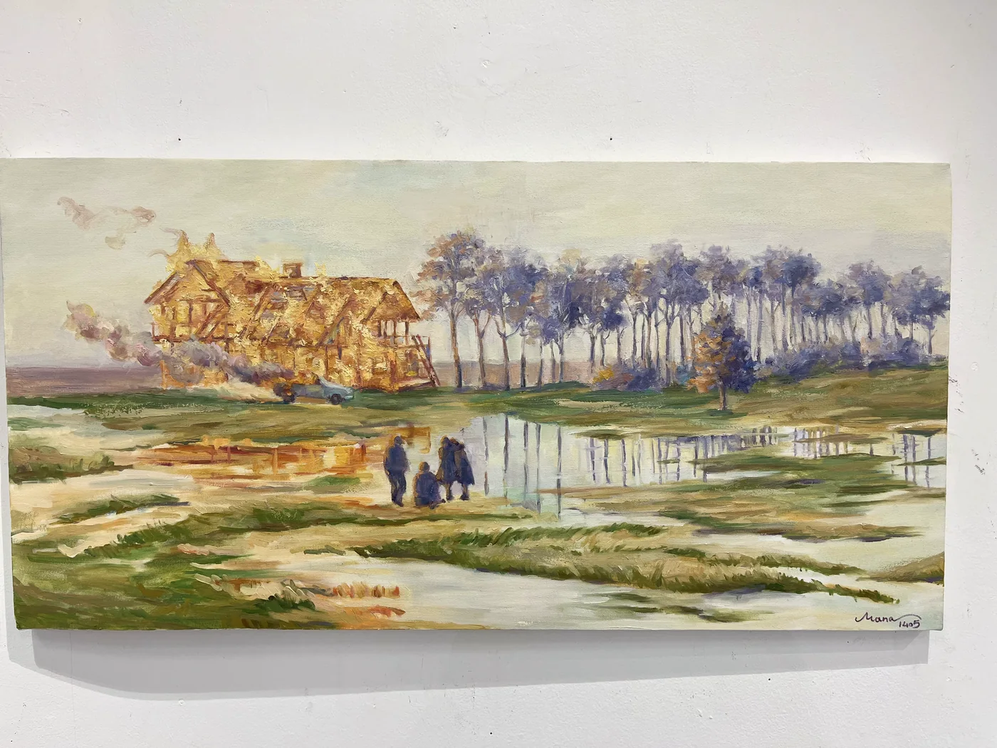A painting of a golden house above flooded green fields, with small figures by the water